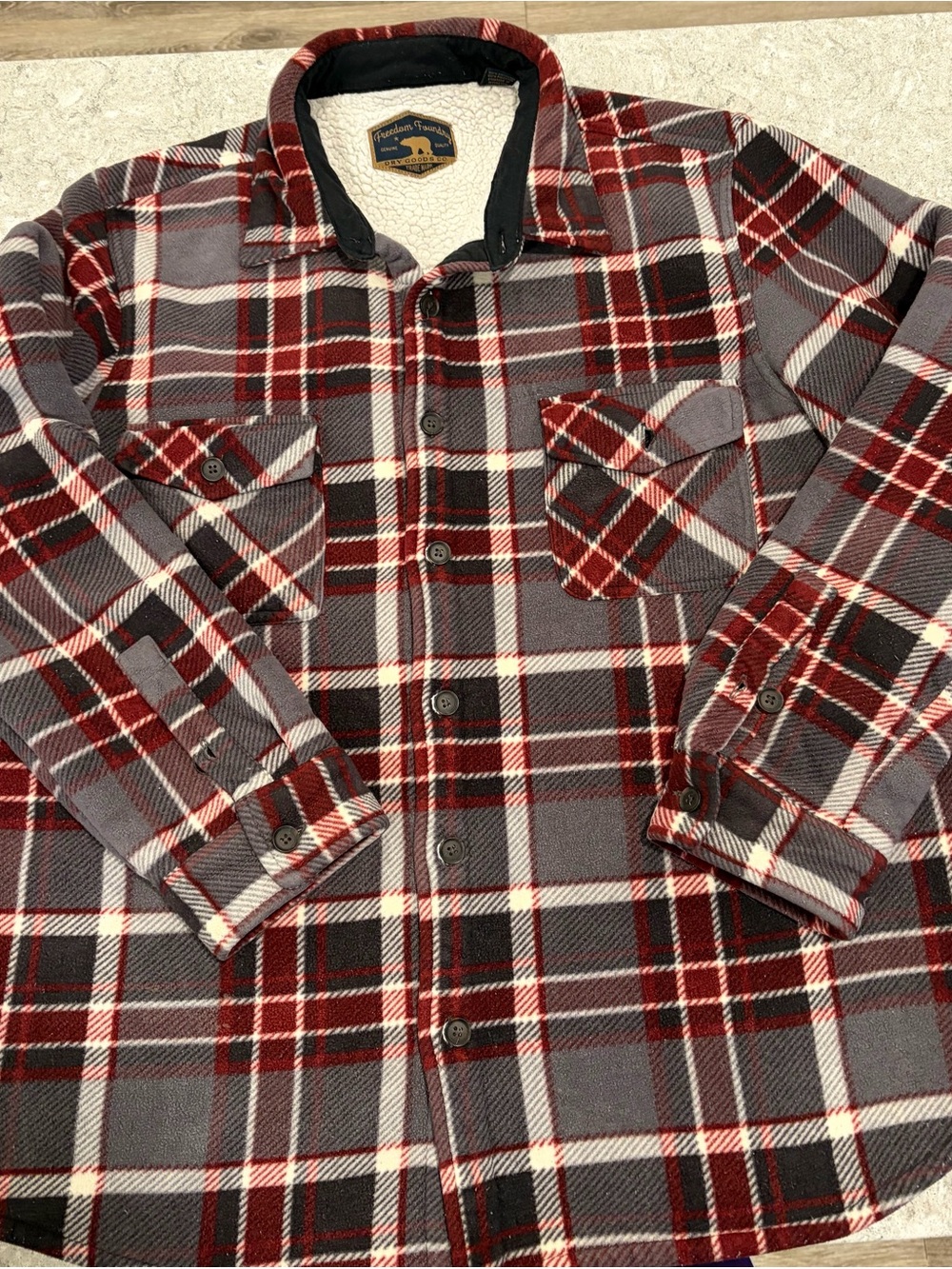 Freedom Foundry Red and Gray Plaid Sherpa-Lined Flannel Shirt Jacket-XL
